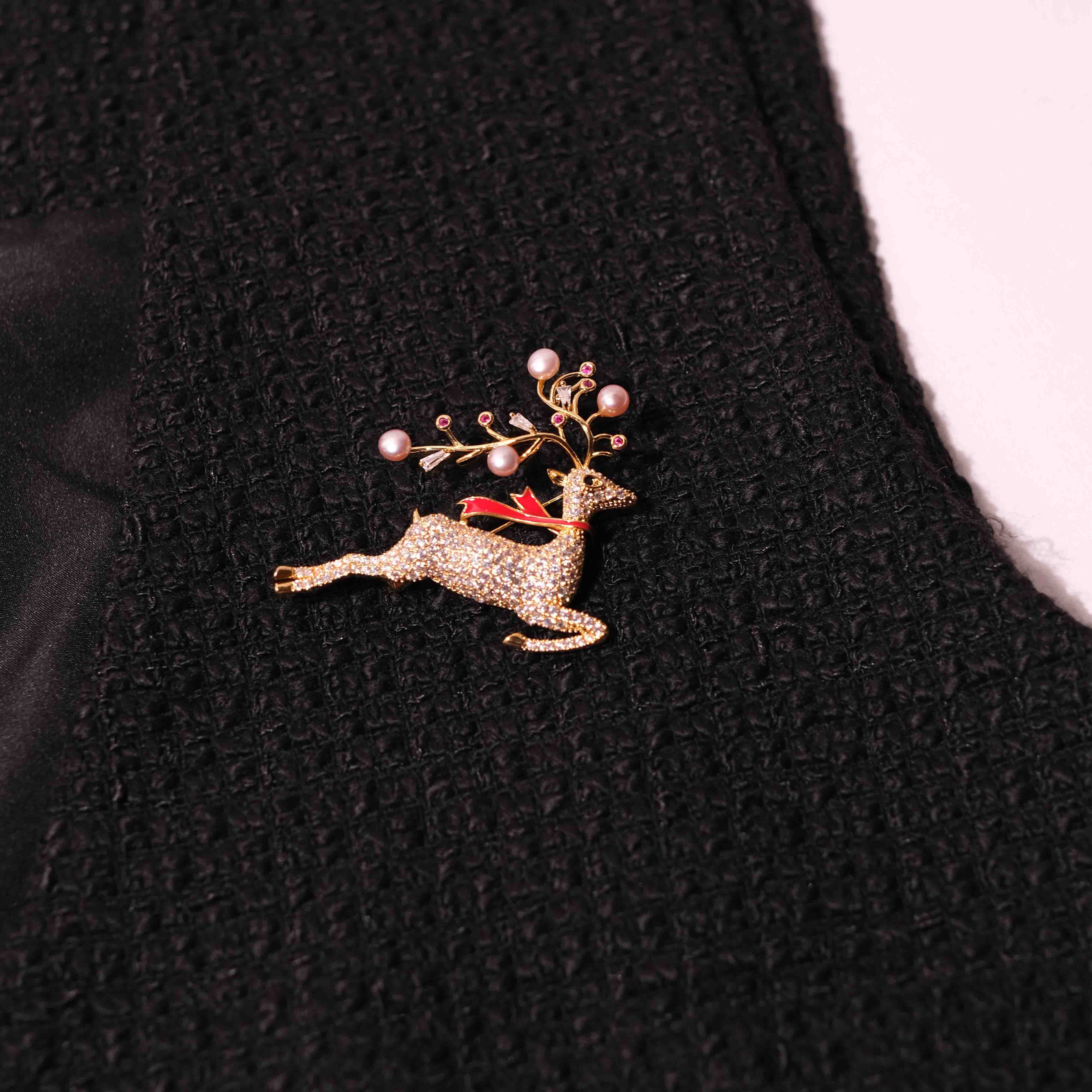 Gold Pearl Reindeer Brooch
