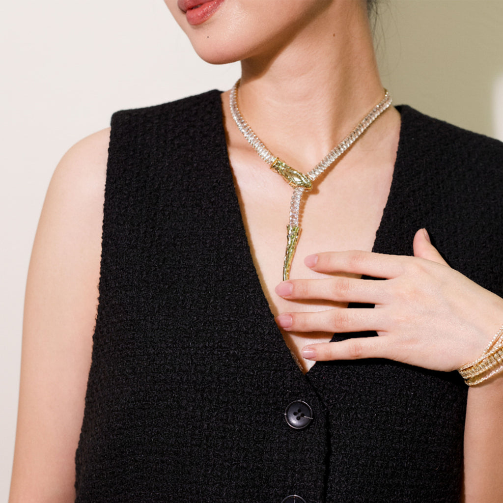 Gold Serpent Wrap Y-Necklace with Crystal Detailing